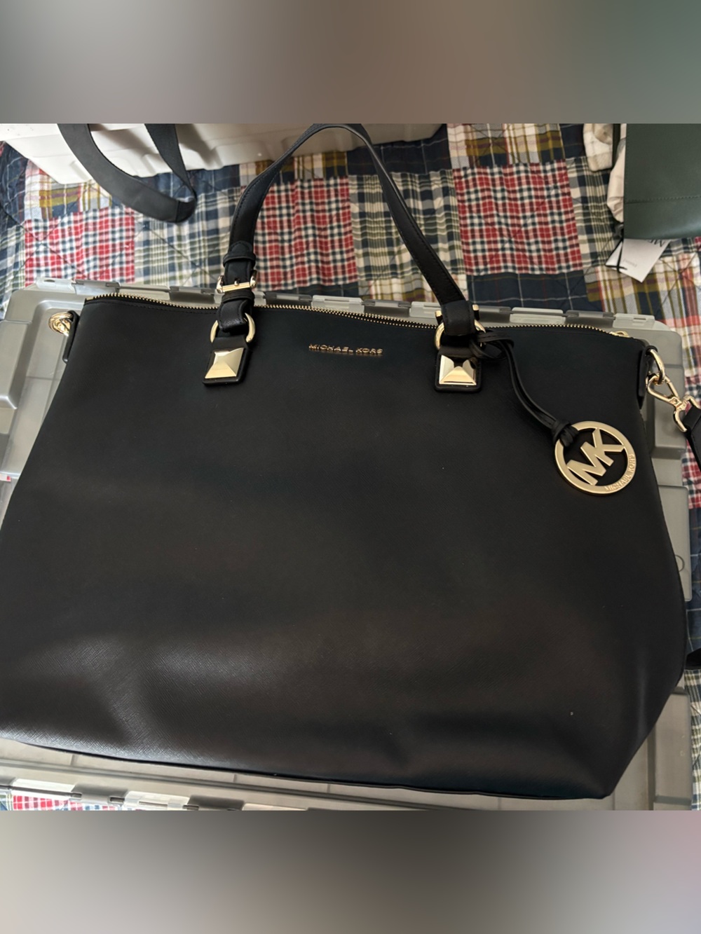 Michael Kors Black Leather Tote with Gold MK Charm
